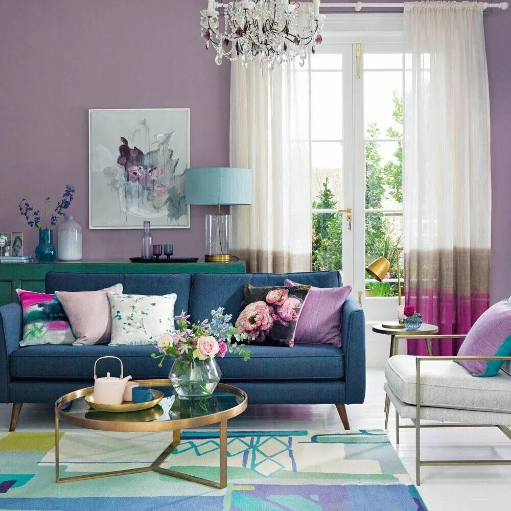 Распределение цветов в интерьере Pin on тренды 2019 Purple living room, Living room color schemes, Colourful livi