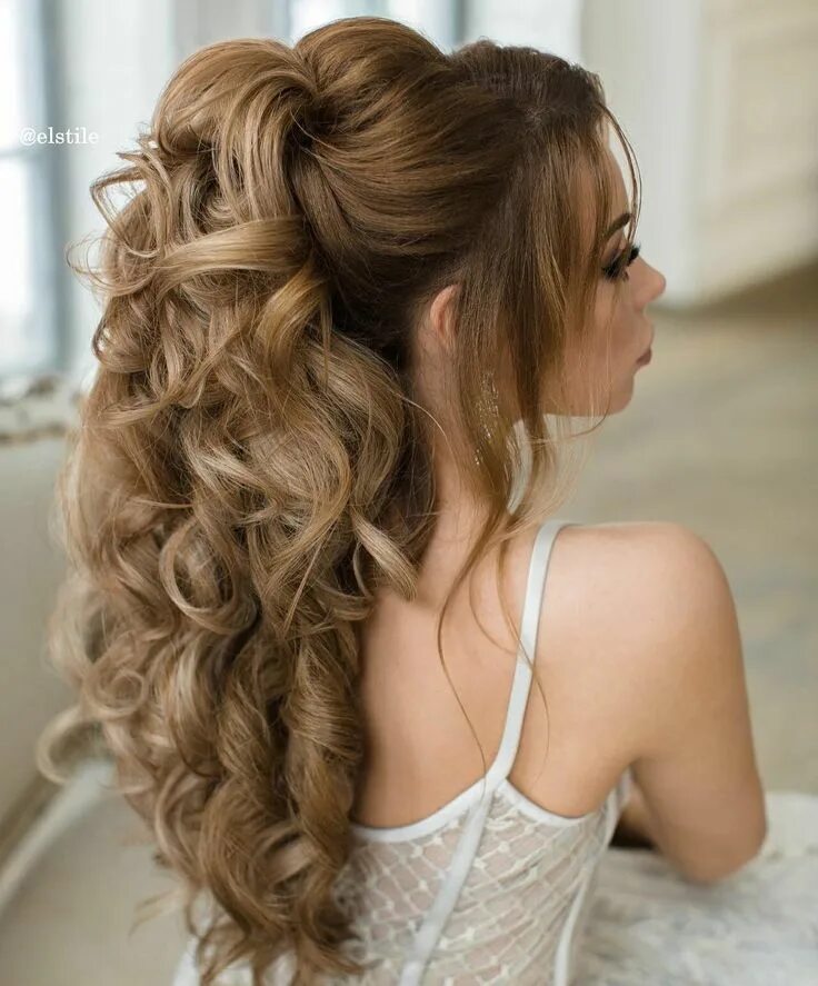 Распущенные длинные волосы прически фото #bridal hair half up inspiration romantic curly waves elegant ponytail clip styl