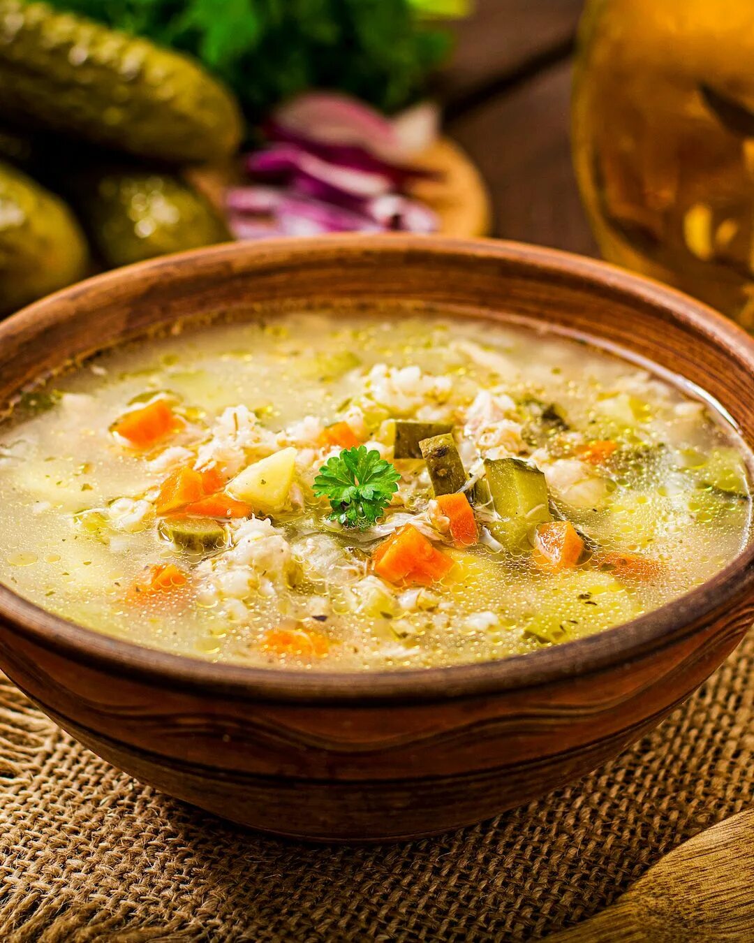 Рассольник рецепты простые с фото Rassolnik - a pearl barley and vegetable soup with pickled salty cucumbers, also