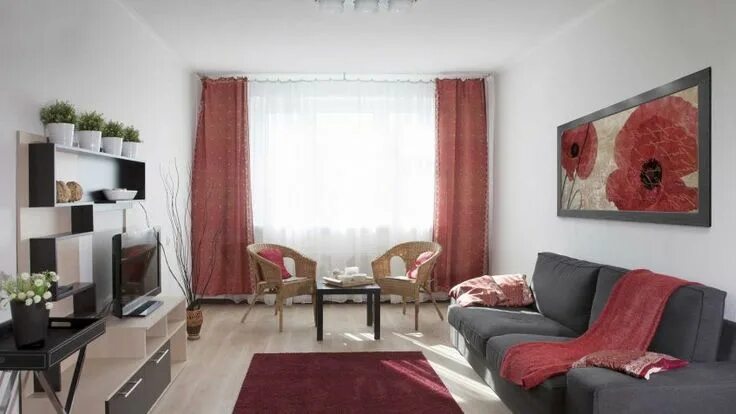 Расстановка мебели в квартире фото Sala de color rojo, gris y beige Adornos para sala, Decoración de unas, Salones 