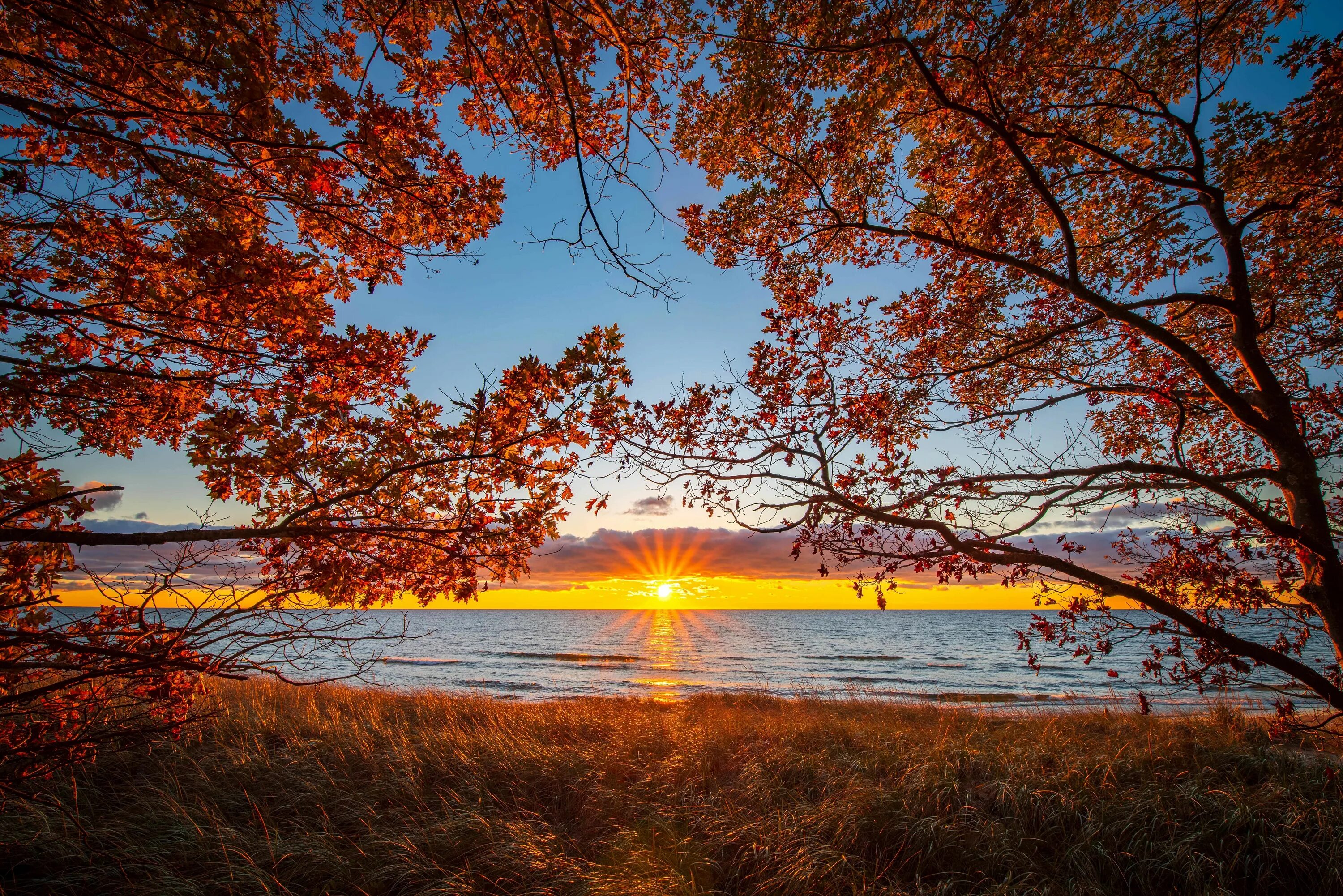 Рассвет осенью фото красивые Michigan sunset Sunset, Grand haven, Lake michigan