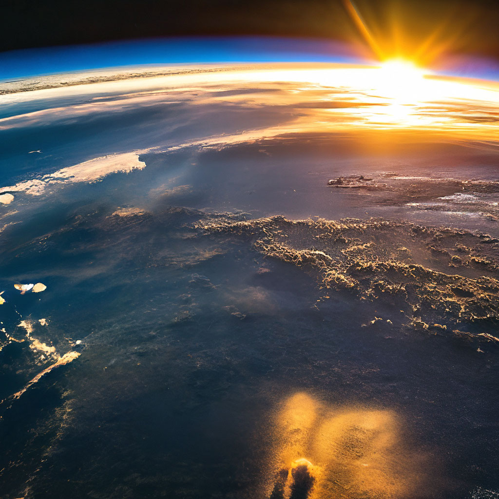 Рассвет в космосе фото "Earth view from space, sunrise, ." - image created in Shedevrum