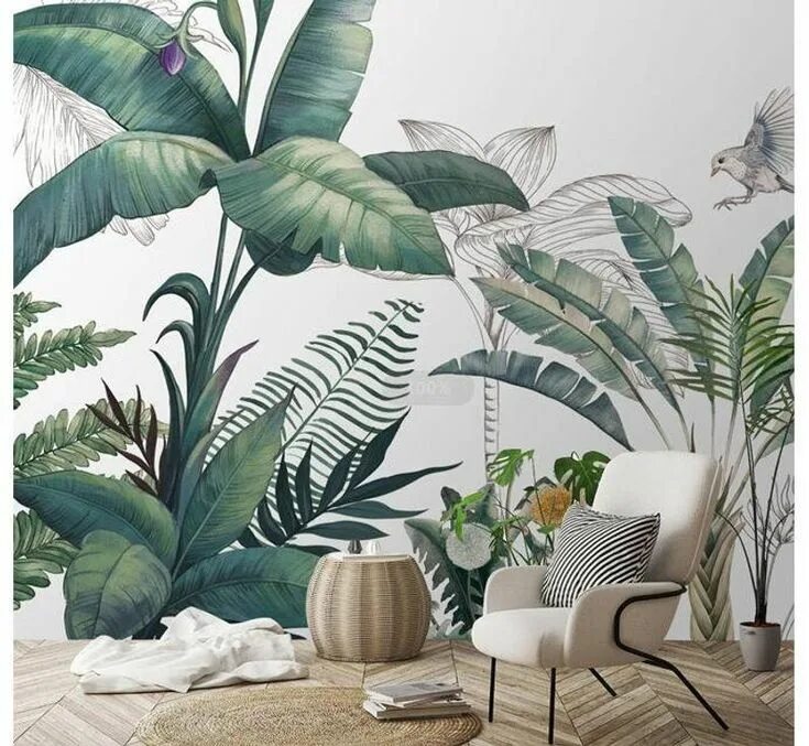 Растительные обои в интерьере Tropical Rainforest Plants Wallpaper, Southeast Asia Tropical Banana Leaf & Plan