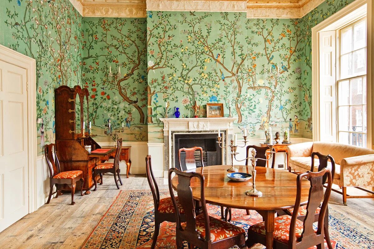 Растительные обои в интерьере Английские обои De Gournay, коллекция Chinoiserie, артикул Abbotsford/C-080: Цен