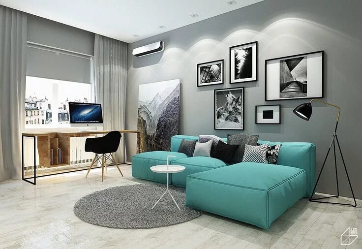 Разбавить интерьер комнаты 4 Charming Blue Accent Apartments With Compact Layouts Интерьер, Синие гостиные,