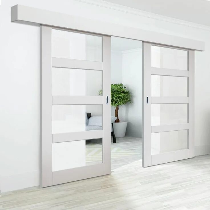 Раздвижная дверь межкомнатная в интерьере Thruslide Surface Cayman White Primed Sliding Double Door and Track Kit - Clear 