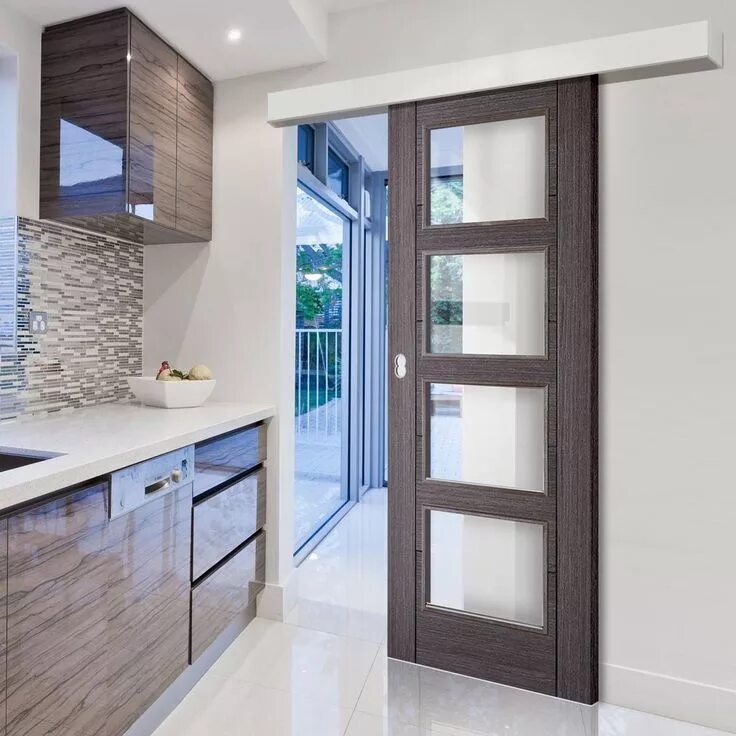 Раздвижной дверью кухне фото Single Sliding Door & Wall Track - Vancouver 4 Pane Ash Grey Door - Clear Glass 