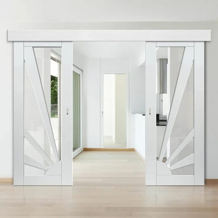 Раздвижные двери в интерьере Double Sliding Door & Wall Track - Calypso Aurora White Primed Doors - Clear Gla