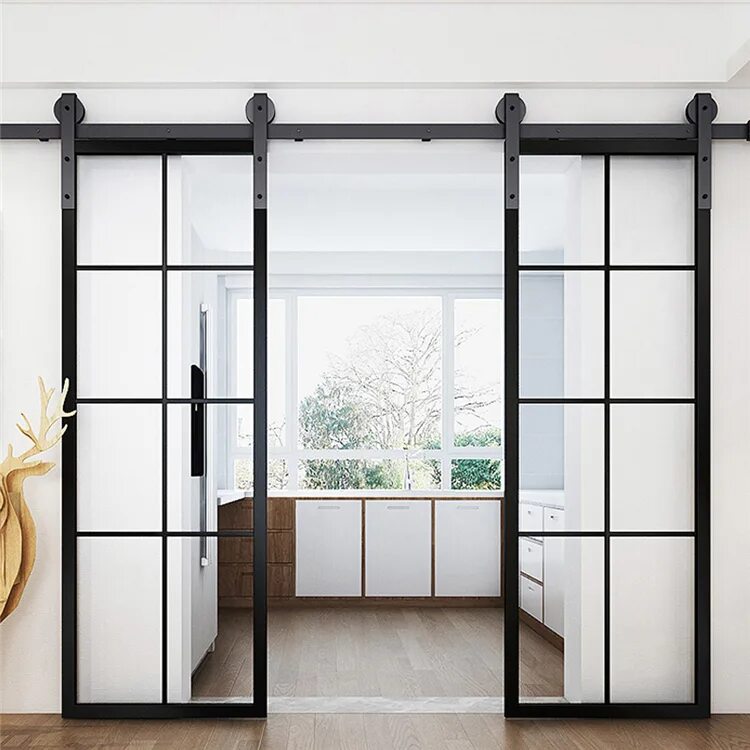 Раздвижные двери в интерьере двойная стекло черные soft close sliding door hardware Patio Door slim frame black color narrow glass 