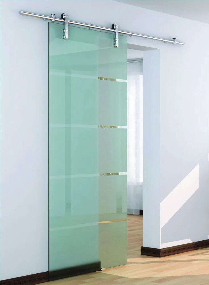 Раздвижные стеклянные двери межкомнатные фото Frameless Glass Trolley Barn Door System adding just enough privacy to a living 