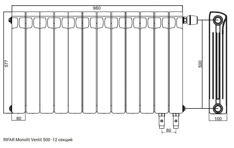 Размер подключения радиатора отопления Секционный радиатор Rifar MONOLIT VTNTIL 500 MVL 12 секций радиатор биметалличес