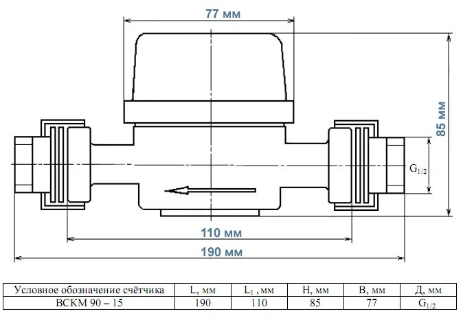 Размер подключения счетчика воды ВСКМ-15 счетчик воды горячей и холодной - Сибэнерготех