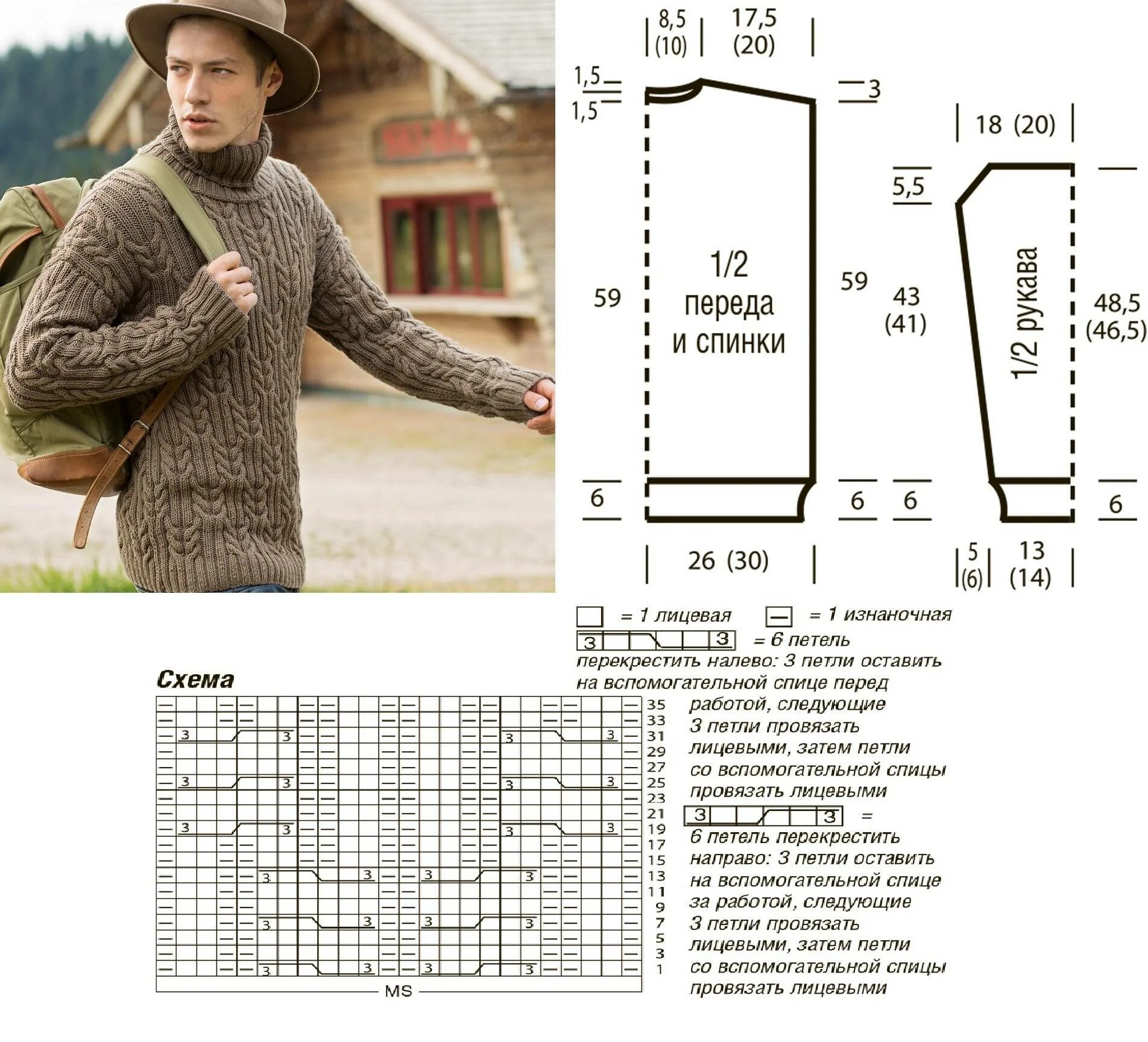 Размер схема мужского свитера спицами Вязание мужской пуловер схема