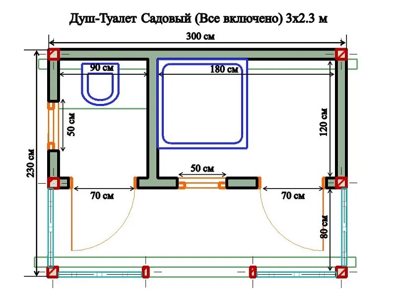 Размеры душа для дачи своими руками Душ-Туалет Садовый 3х2,3м "все включено" от 159877 рублей - купить в Москве. Дос