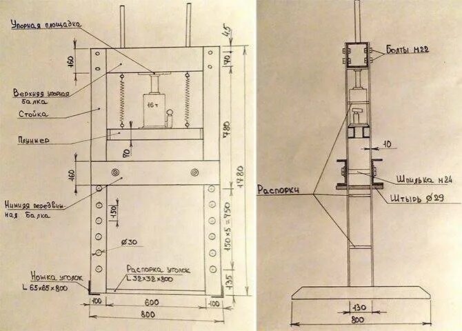 Размеры гидравлического пресса своими руками чертежи Гидравлический пресс своими руками из домкрата: чертежи, размеры