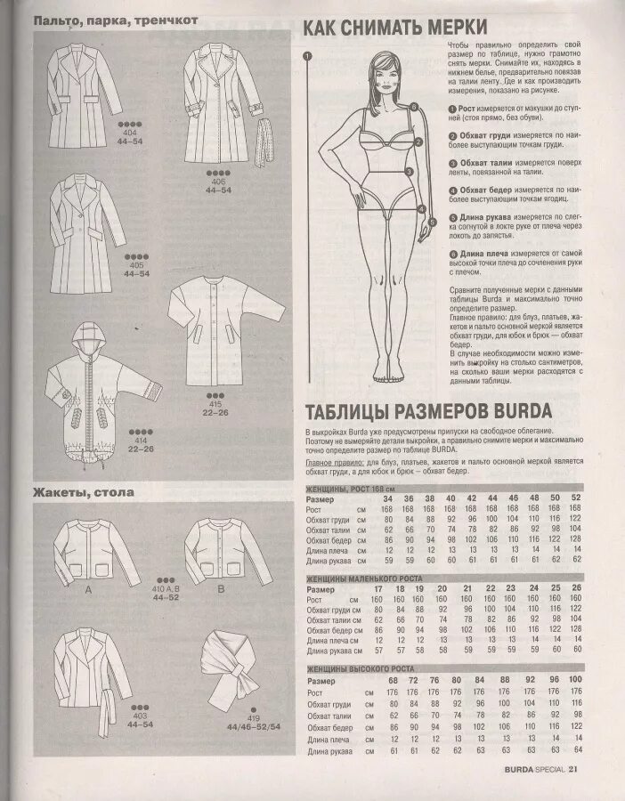 Размеры одежды для выкройки BURDA SPECIAL (БУРДА) Fashion plus (мода для полных) Е091 2016 / Разные / Специа