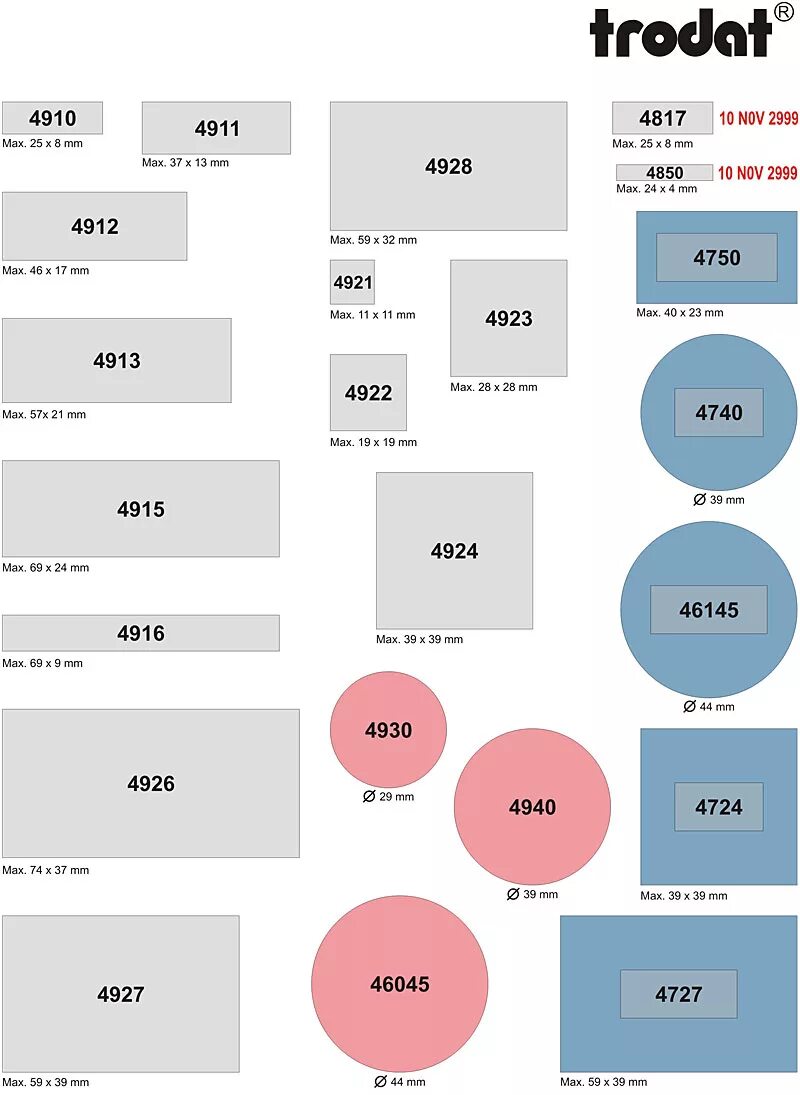 Размеры оснасток для печатей Размеры оснасток для печатей и штампов фирмы Trodat