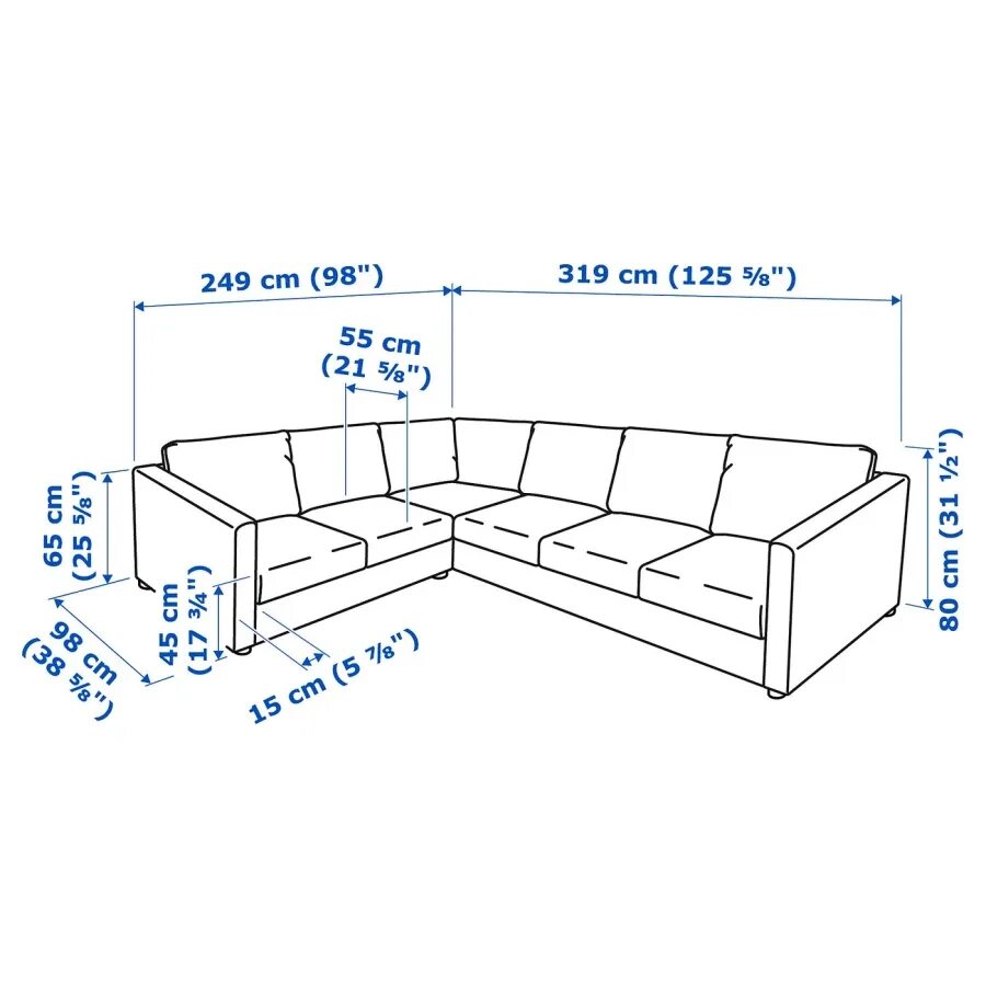 Размеры угловых диванов фото 5-местный угловой диван - IKEA VIMLE, 319/249х98х80 см, черный, кожа, ВИМЛЕ ИКЕА