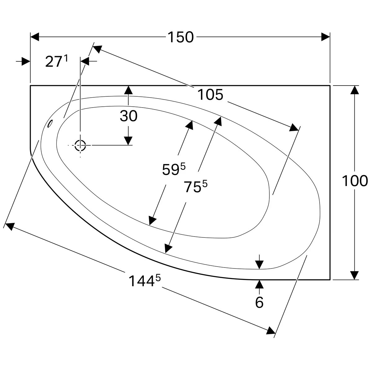 Размеры угловых ванн фото Ванна асимметричная угловая 150x100 Geberit Renova (657340000) купить в Новосиби