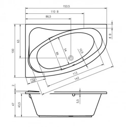 Размеры угловых ванн фото Акриловая ванна Riho LYRA 153x100x47 купить недорого в Новосибирске