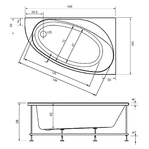 Размеры угловых ванн фото Hafro Nova Ванна 160x100 см, угловая без панелей DX Whirlpool Airpool, цвет: бел