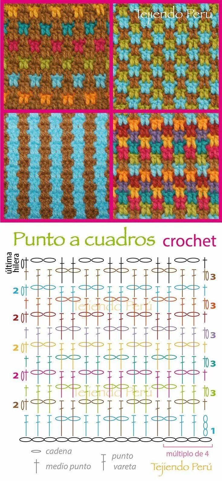 Разноцветные схемы крючком Puntadas de ganchillo, Tejidos de ganchillo, Puntos basicos de crochet