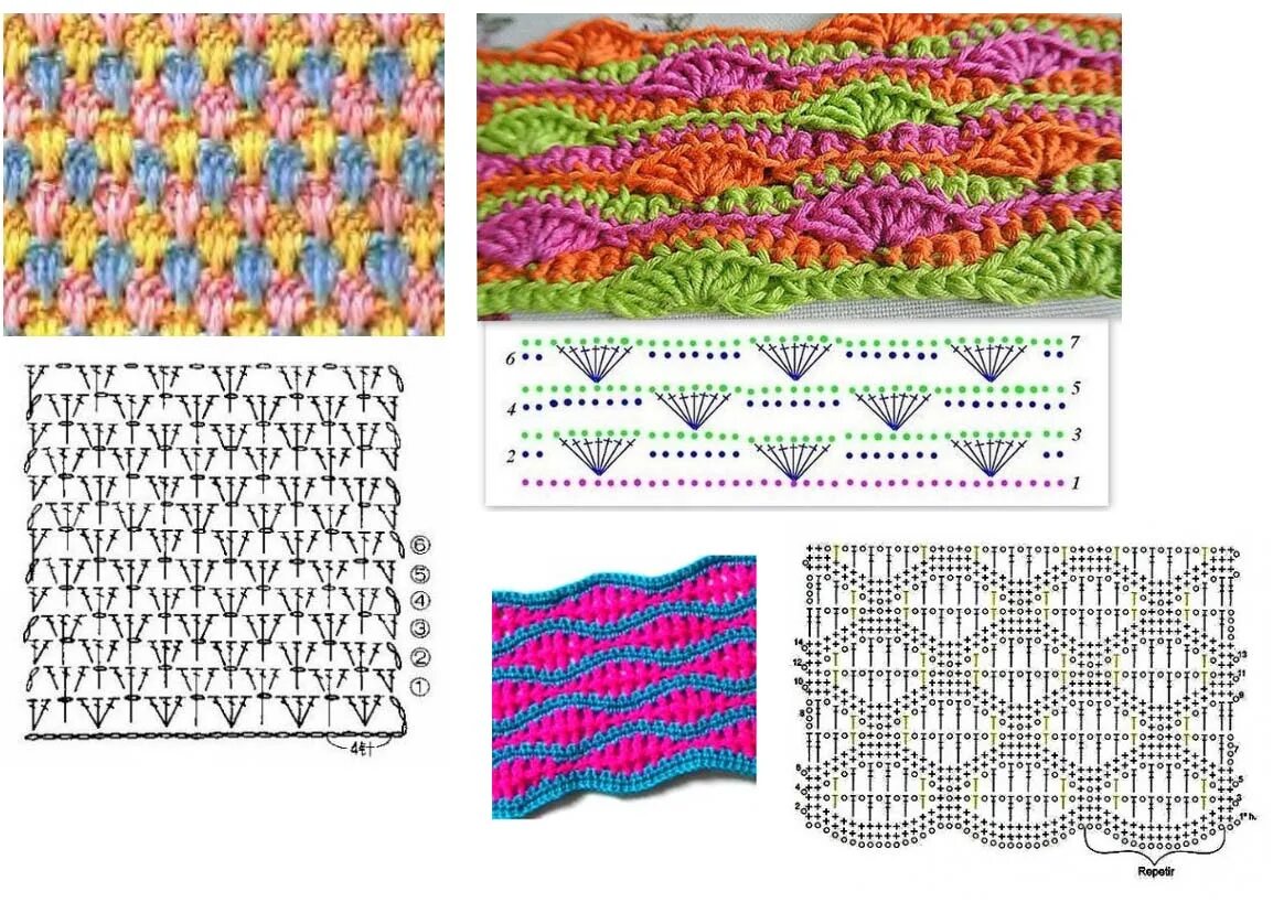 Разноцветные узоры крючком со схемами Плотные узоры крючком, больше 120 бесплатных схем вязания