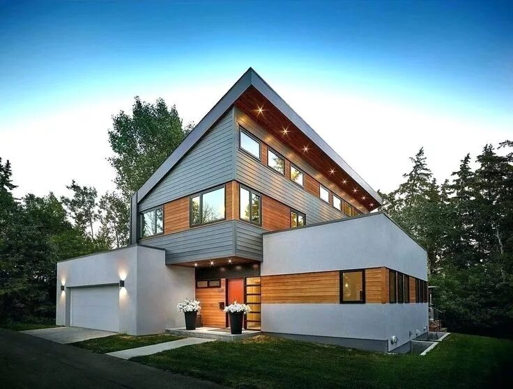 Разноуровневые крыши частных домов фото Image result for stucco and plank Contemporary house exterior, House exterior, M