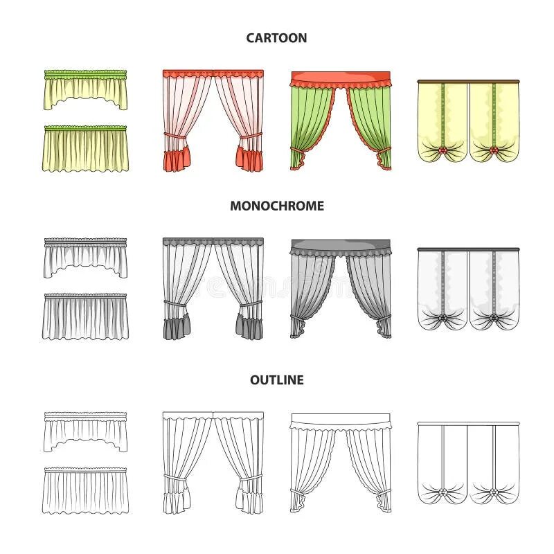 Разновидности штор на окна названия с фото Different Types of Window Curtains.Curtains Set Collection Icons in Cartoon,outl