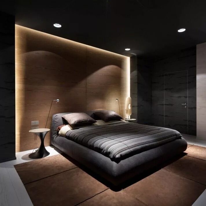 Разные дизайны спален Чёрная спальня с деревом Modern minimalist bedroom, Cozy bedroom design, Bedroom