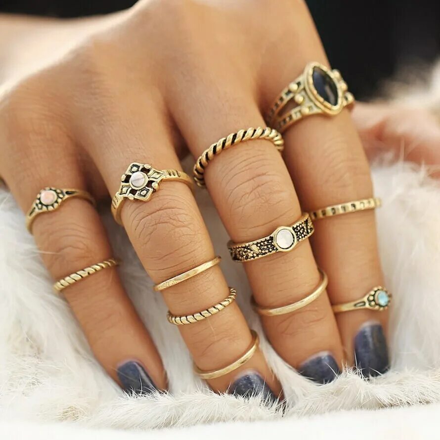 Разные кольца фото Boho Ring Set Bohemian Ring Set Midi Ring Set Vintage Gold Etsy UK