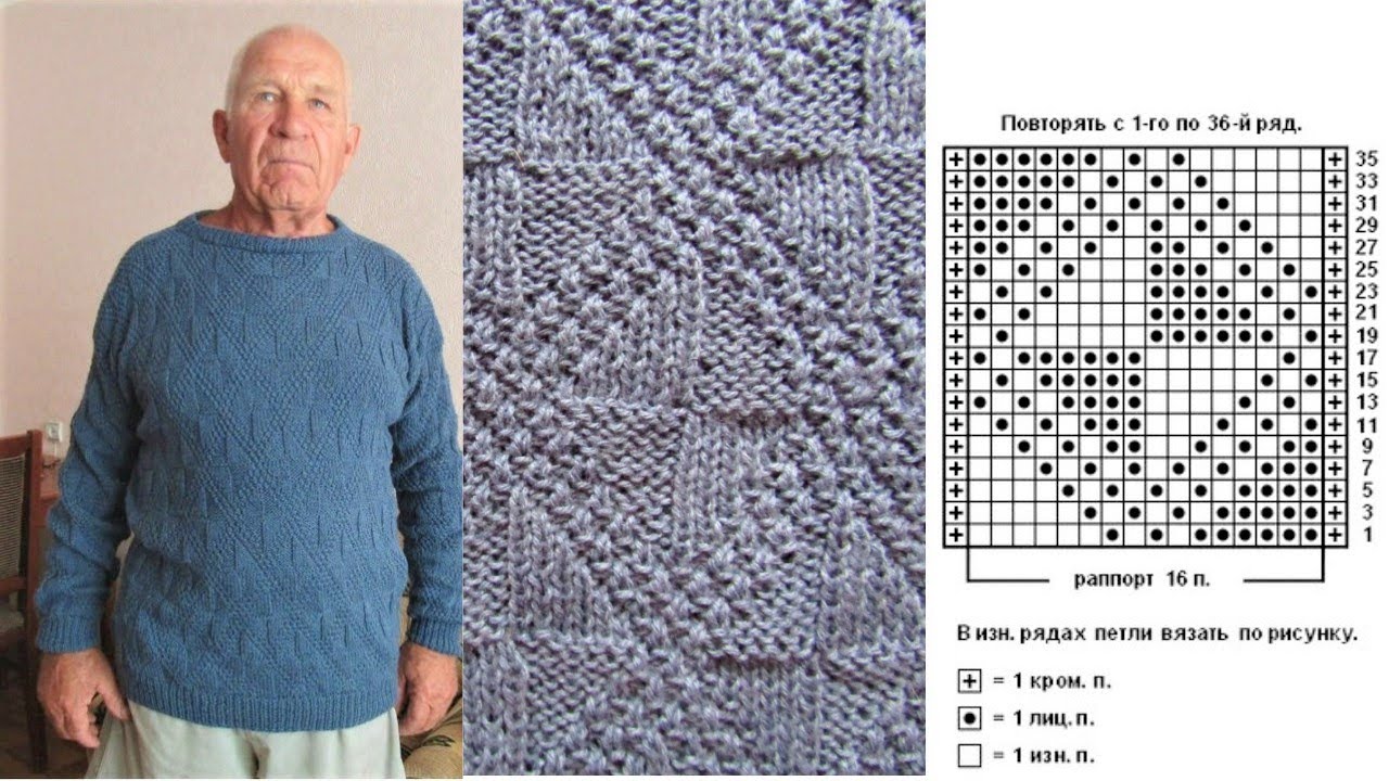Разные узоры спицами схемы МУЖСКОЙ СВИТЕР Насложным Узором -Только Лицевые и Изнаночные петли / Подробный М