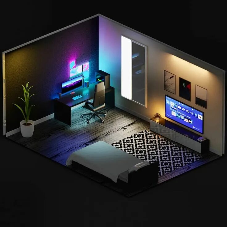 Разработка дизайна комнаты Amr Ṭaha on Instagram: "Another simple isometric 3D design for gaming office bed