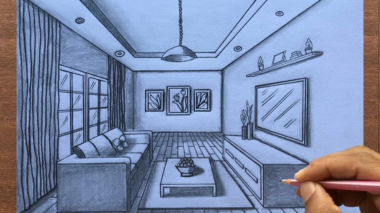 Разработка интерьера комнаты How to Draw a Living Room using 1-Point Perspective step by steps Room perspecti