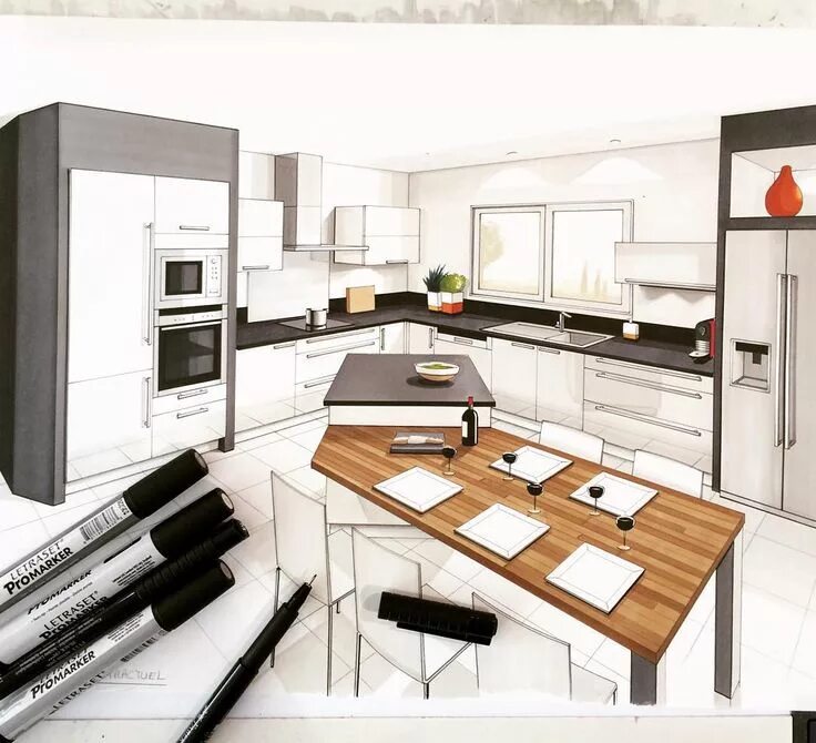 Разработка интерьера квартиры ✏ #draw #drawing #handmade #arch_more #arch_sketch #kitchen #kitc. Bocetos de di