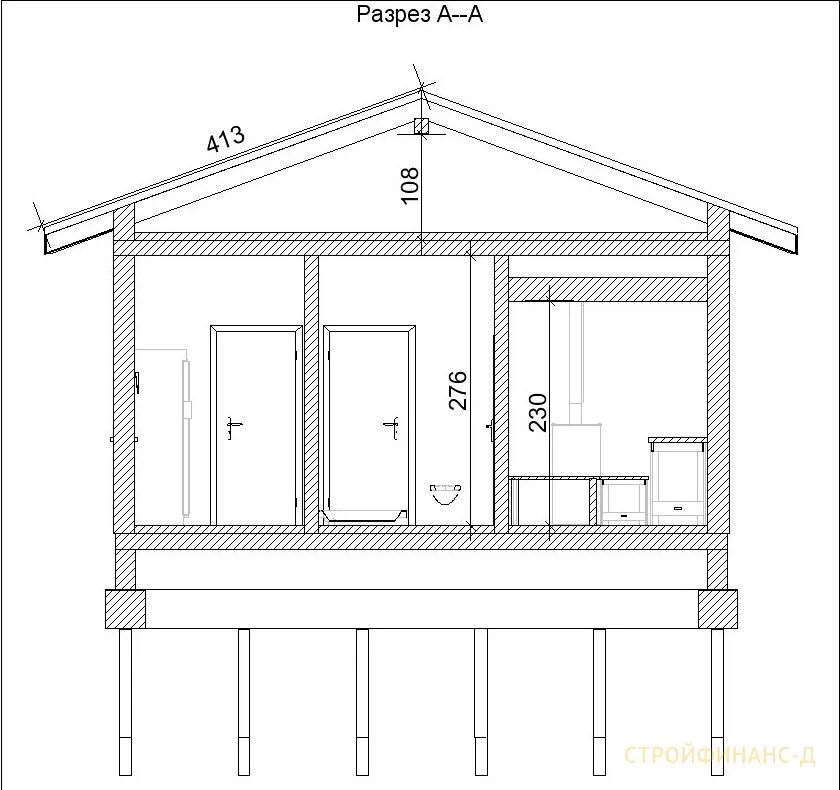 Разрез бани чертеж Проект Баня (каркас) Смартвиль за 1 110 500 рублей - каркасные бани