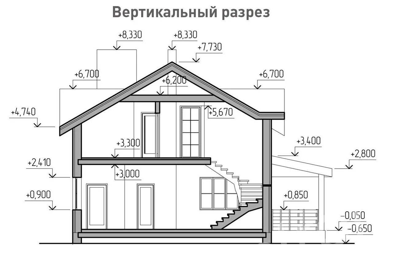 Разрез частного дома чертеж Проект дома с размерами окон