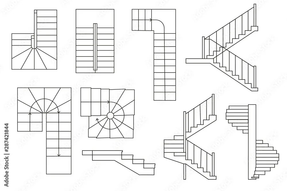 Разрыв лестницы на чертеже Drawing stairs, stairway. Top view and sectional view. Architectural set Stock V