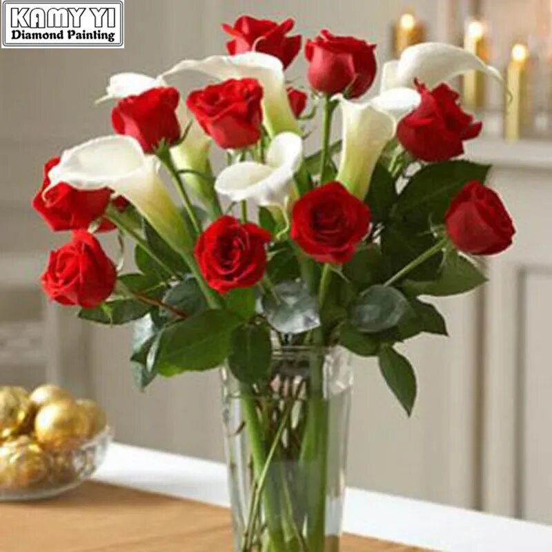 Реальное фото цветов в вазе 100% Full 5D Diy Daimond Painting Cross-stitch White Calla Lily&Red Roses 3D Dia