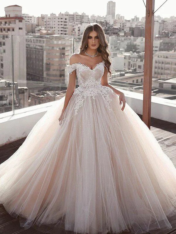 Реальные фото свадебных платьев Ball Gown Tulle Off-the-Shoulder Sleeveless Applique Sweep/Brush Train Wedding D