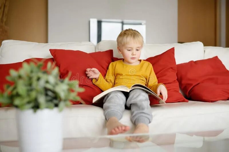 Ребенок на диване фото Little Boy is Sitting at Home on the Couch and Reading a Book. Learning To Read 