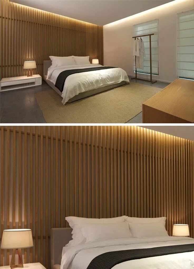 Реечные панели в интерьере спальни Bedroom Wall Design Idea - Create A Wood Slat Accent Wall #woodfeaturewalls Wall