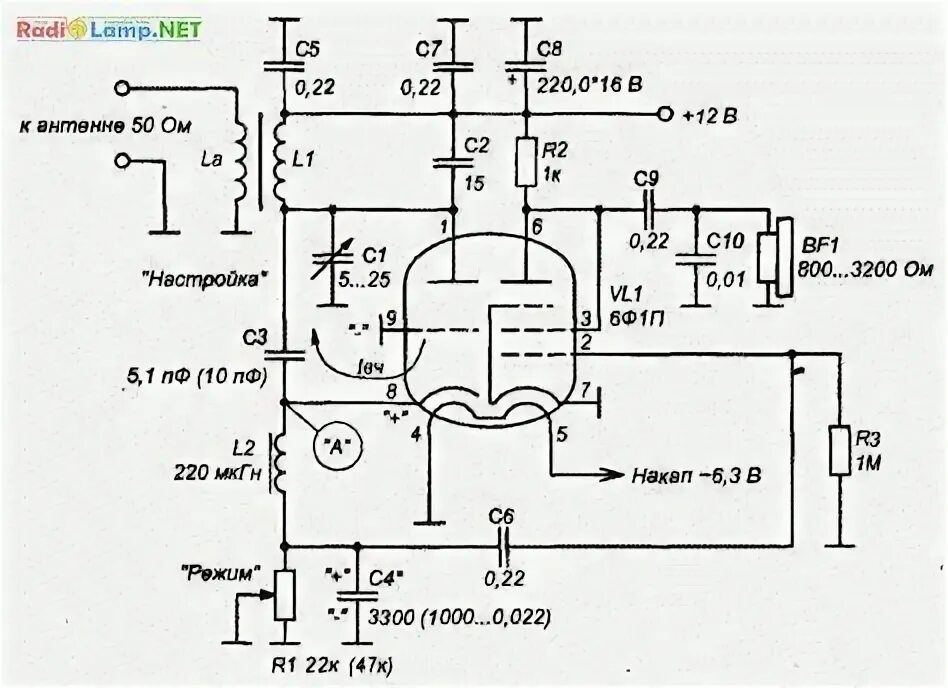 Регенеративный приемник на лампах схема принципиальная электрическая Сверхрегенераторы на лампах с низковольтным питанием (6Ж5П, 6Ф1П) Схемотехника, 