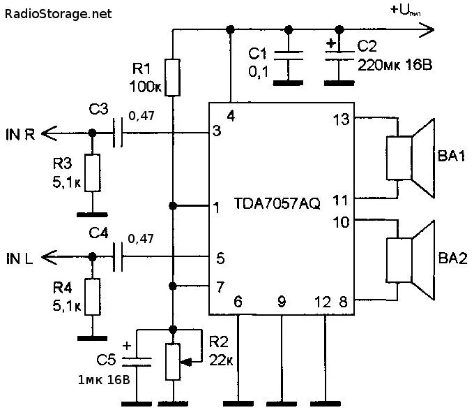 Регулируемый усилитель схема УНЧ с электронной регулировкой громкости на TDA7057AQ (2х8Вт) Electronics circui