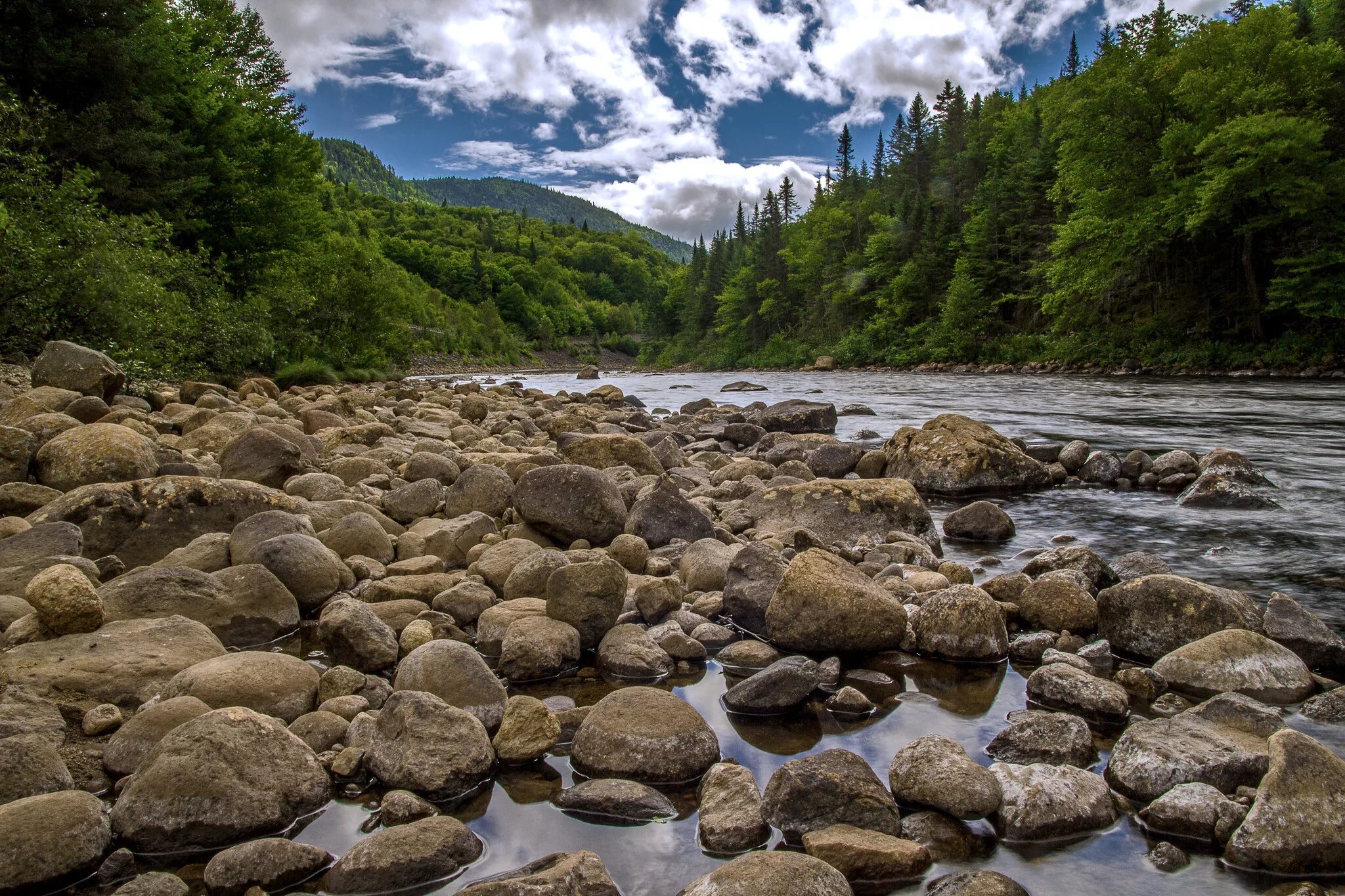 Река камни фото Скачать обои лес, небо, горы, река, камни, раздел природа в разрешении 2048x1365