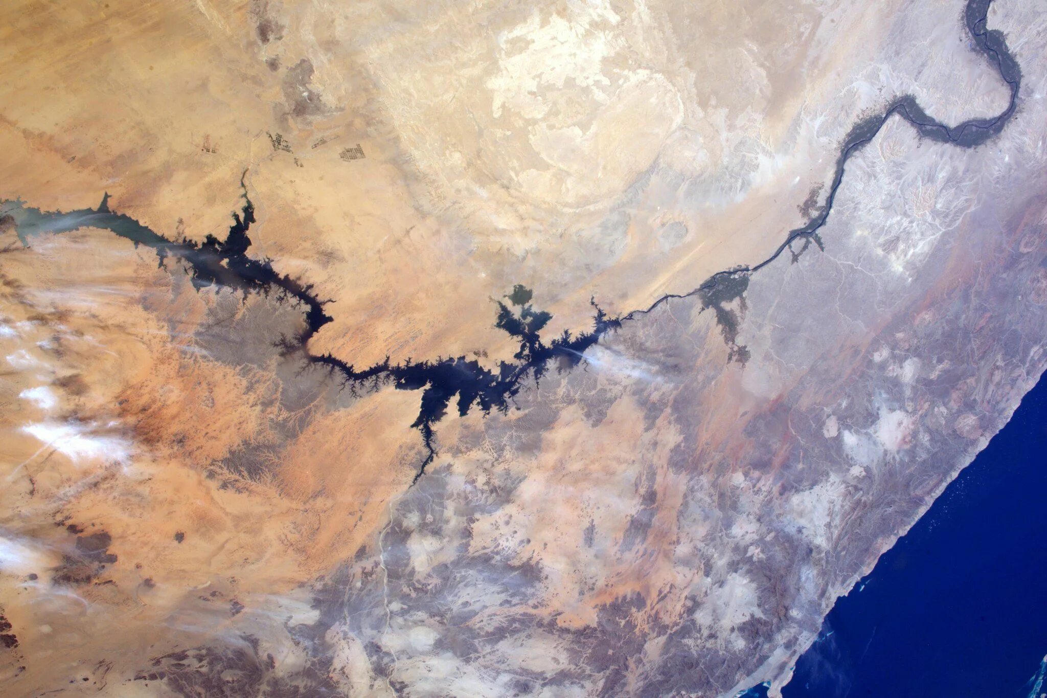 Река нил фото из космоса Lake Nasser and the Nile downstream of the Aswan dam. Taken by: astronaut Thomas