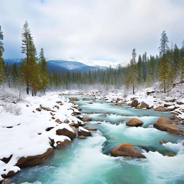 Река снежная фото Снежная река со скалами посередине Премиум Фото