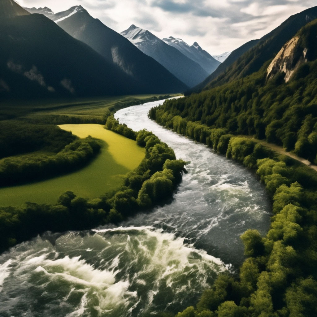 Река сверху фото "Field, river, mountains, top view" - image created in Shedevrum