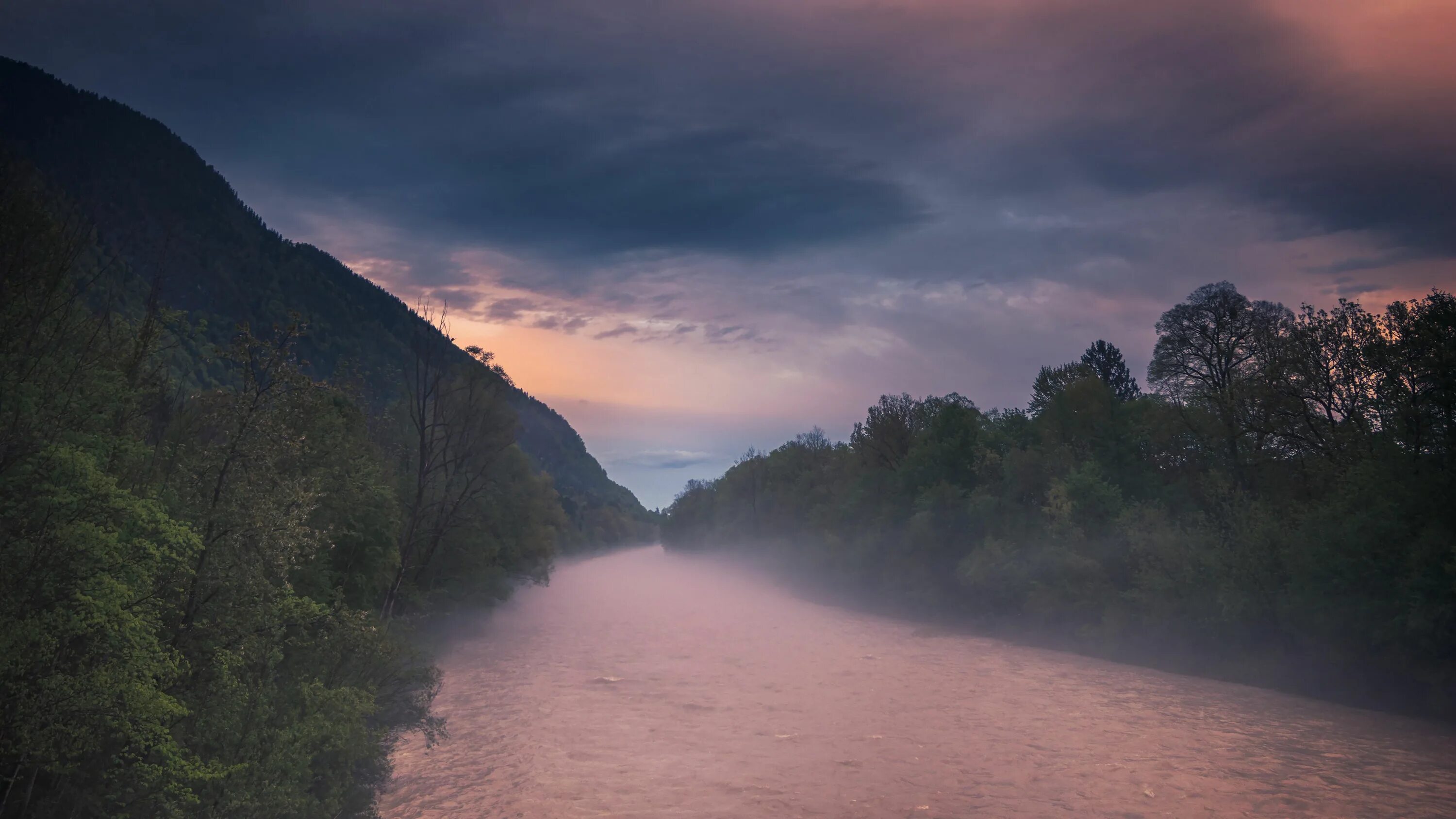 Река туманная фото Скачать 3840x2160 река, туман, закат обои, картинки 4k uhd 16:9