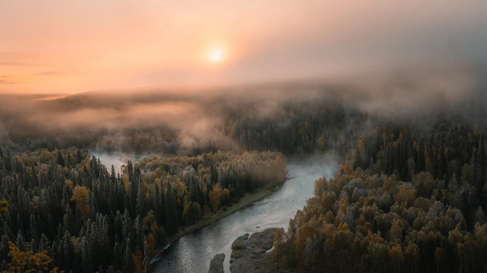 Река туманная фото Скачать обои осень, лес, небо, солнце, туман, река, рассвет, вид, раздел пейзажи